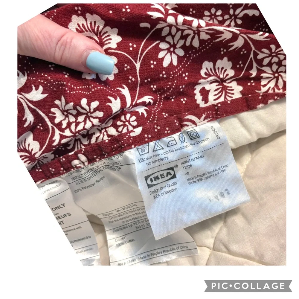 IKEA Quilted Euro Sham Covers Set of 2 Burgundy Floral 24.5” Cottage